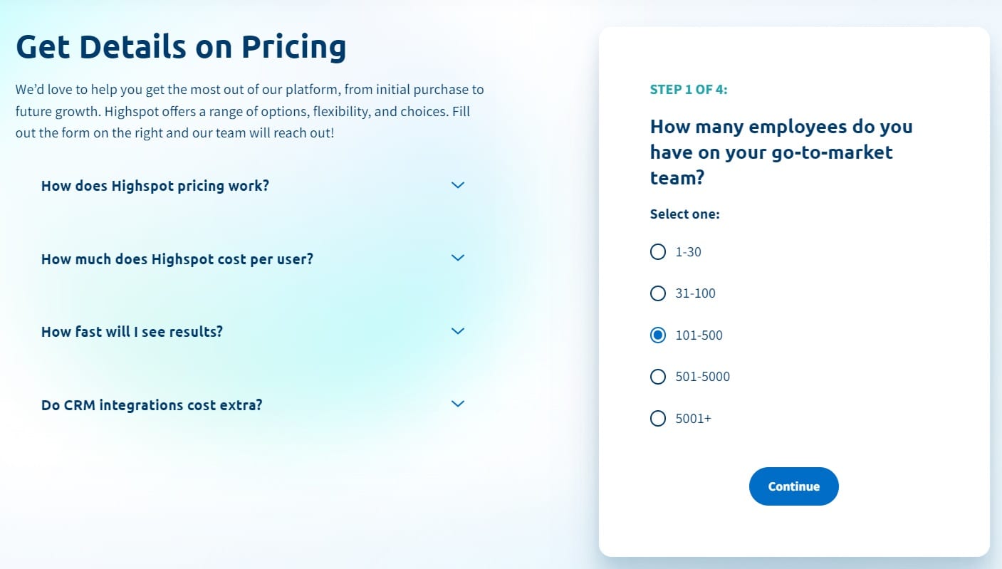 highspot pricing questionnaire